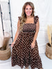 Polka Dot Midi Dress With Ruffle Straps In Mocha - Whiskey Skies - STERLING KREEK