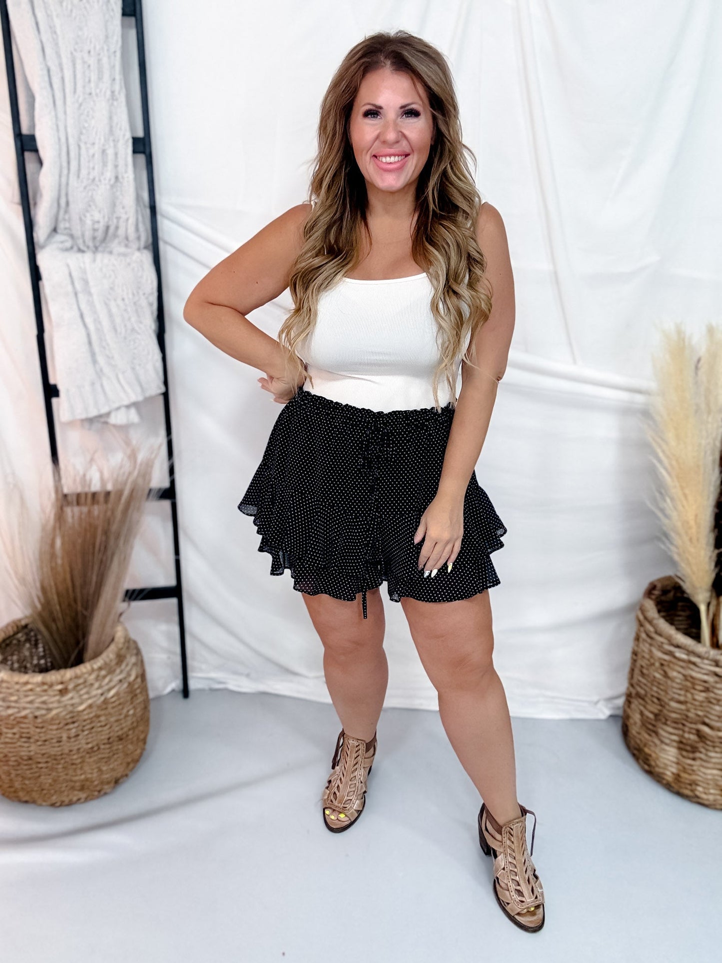 Polka Dot Skort With Layered Ruffled Hem - Whiskey Skies - STITCH & CO.