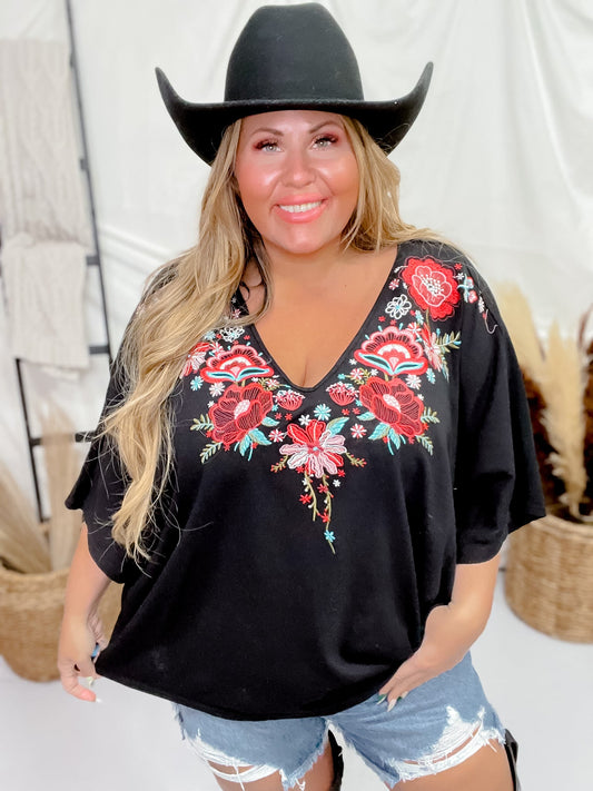 Poncho Style Embroidered V-Neck Top - Whiskey Skies - ANDREE BY UNIT