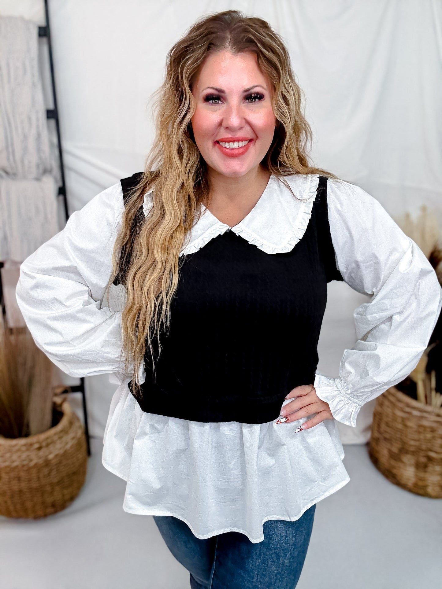 Popplin Collar Long Sleeve Blouse W/ Knit Vest - Whiskey Skies - SEW IN LOVE