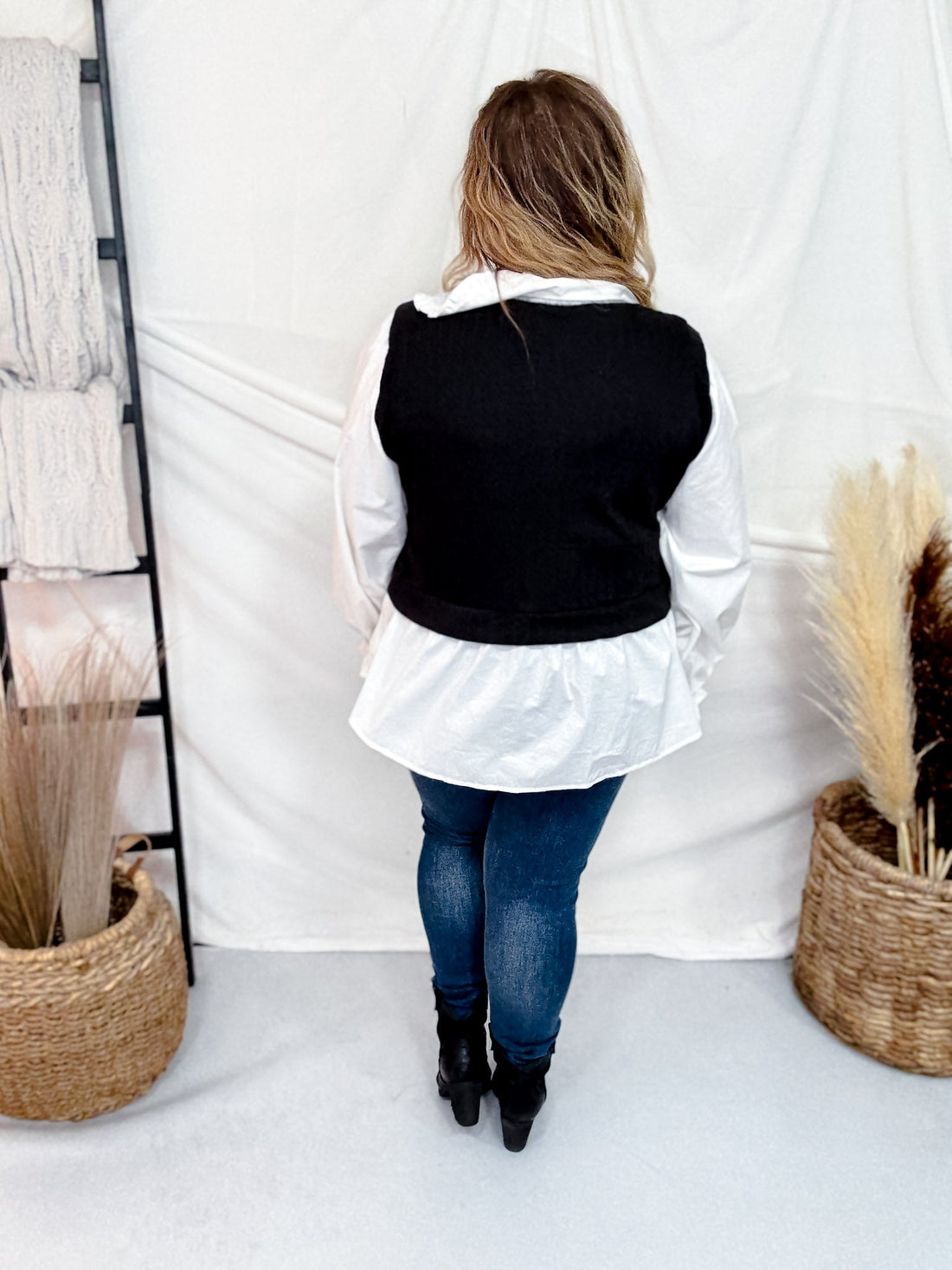 Popplin Collar Long Sleeve Blouse W/ Knit Vest - Whiskey Skies - SEW IN LOVE