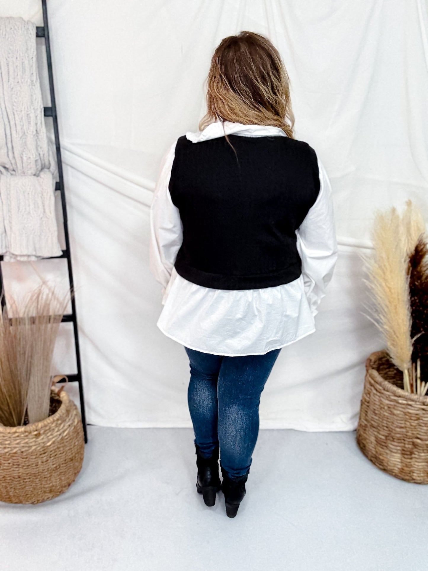 Popplin Collar Long Sleeve Blouse W/ Knit Vest - Whiskey Skies - SEW IN LOVE