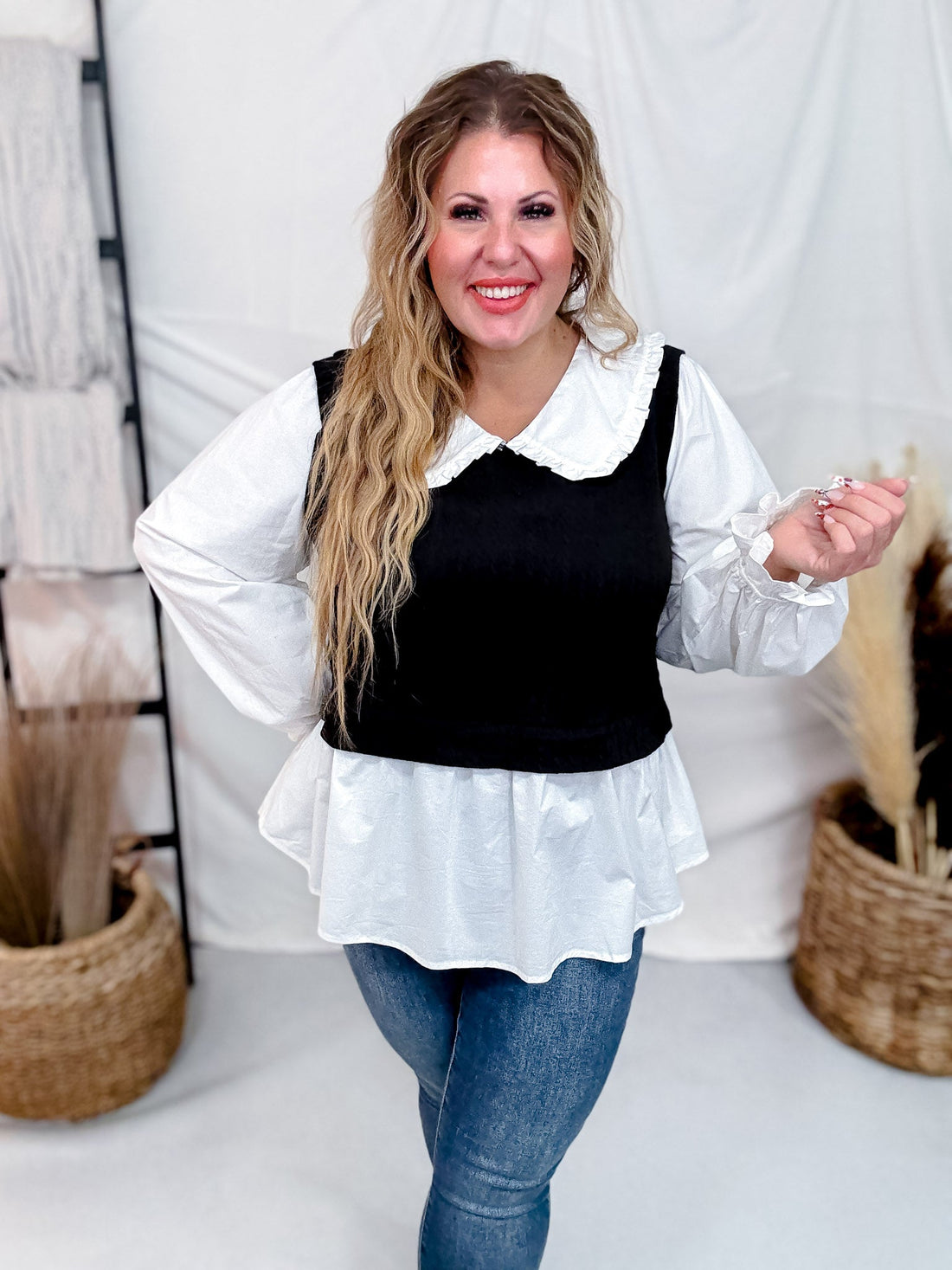 Popplin Collar Long Sleeve Blouse W/ Knit Vest - Whiskey Skies - SEW IN LOVE