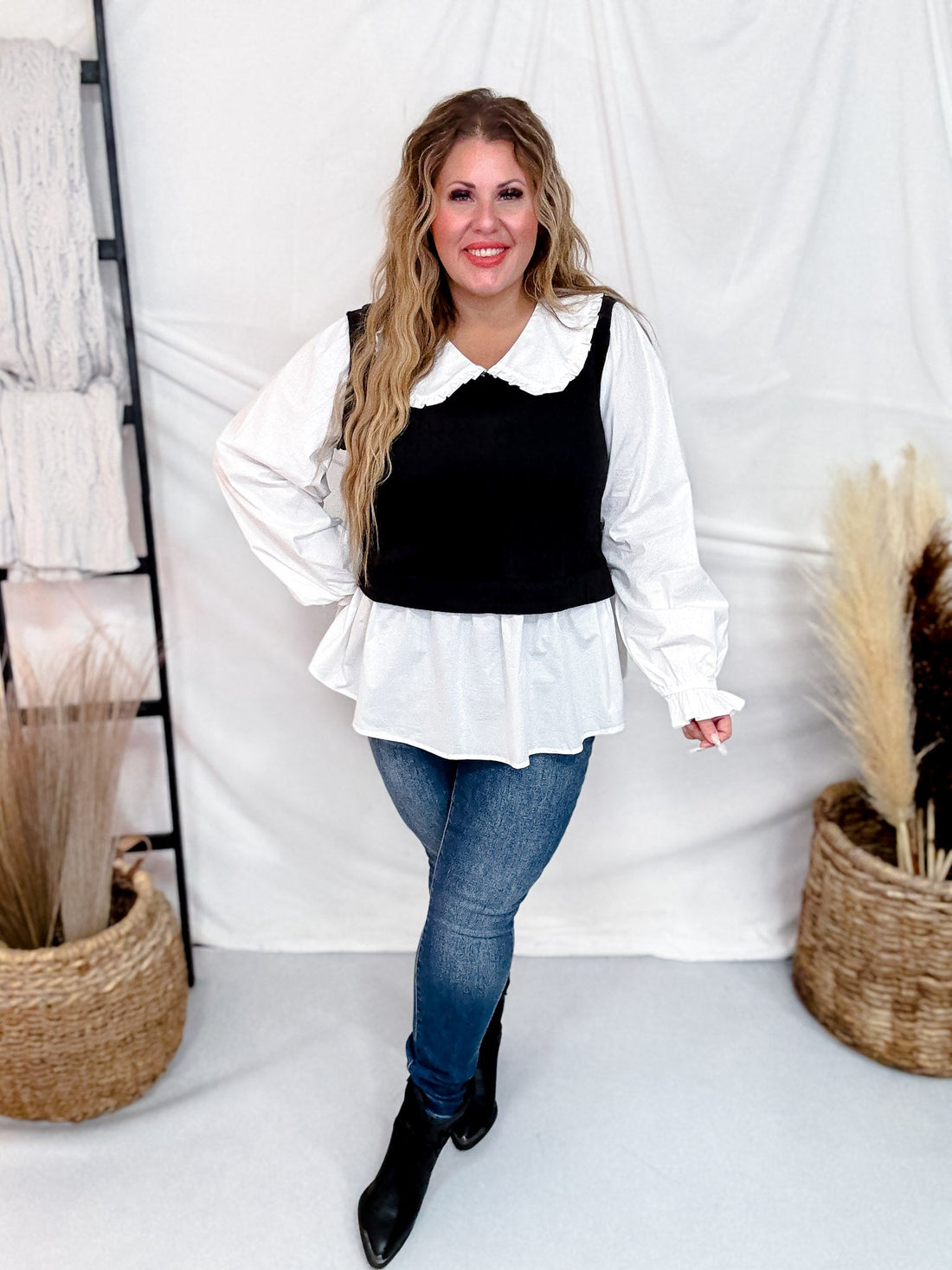 Popplin Collar Long Sleeve Blouse W/ Knit Vest - Whiskey Skies - SEW IN LOVE