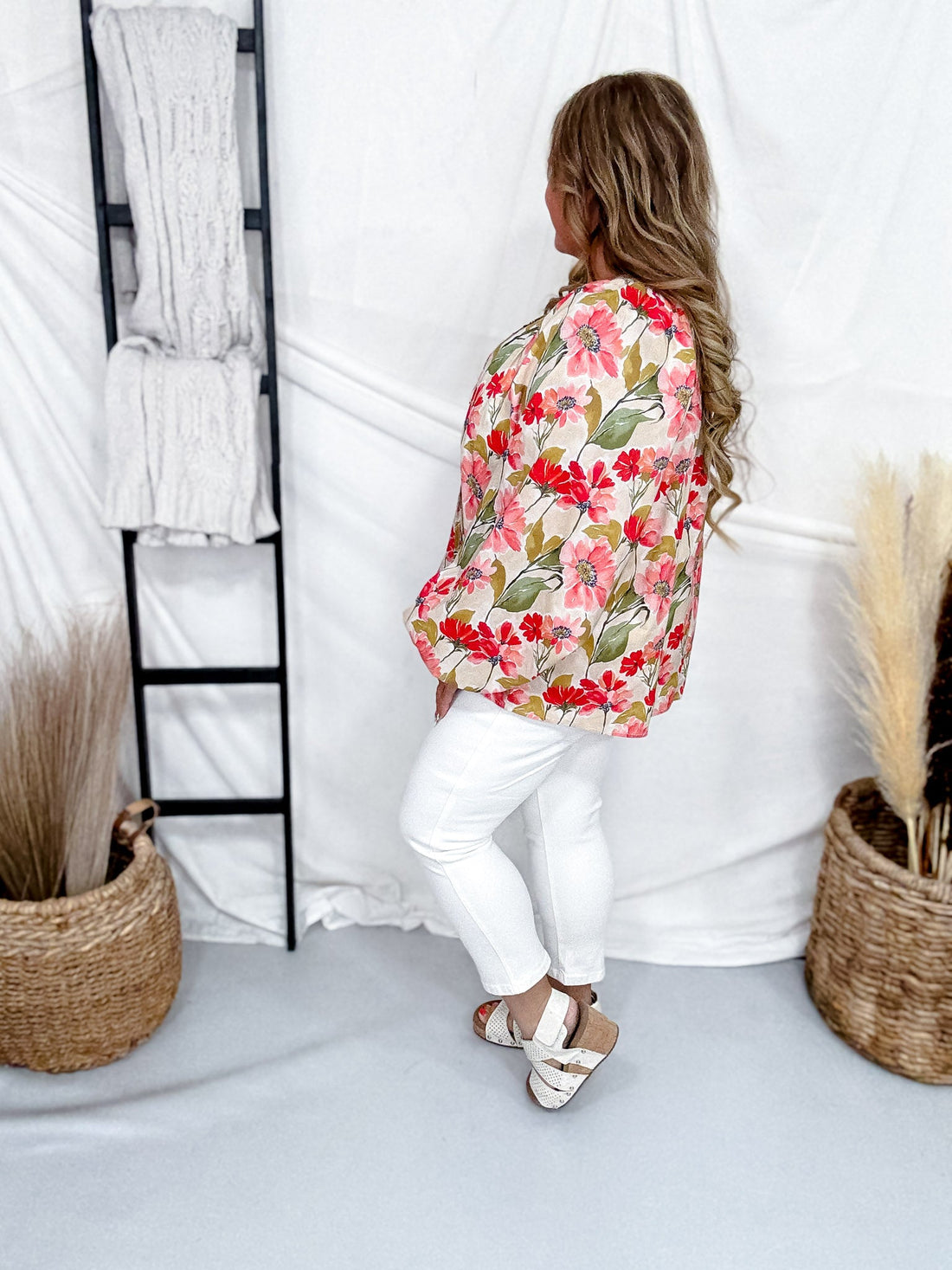Poppy Print Blouse With Balloon Sleeves - Whiskey Skies - BIBI