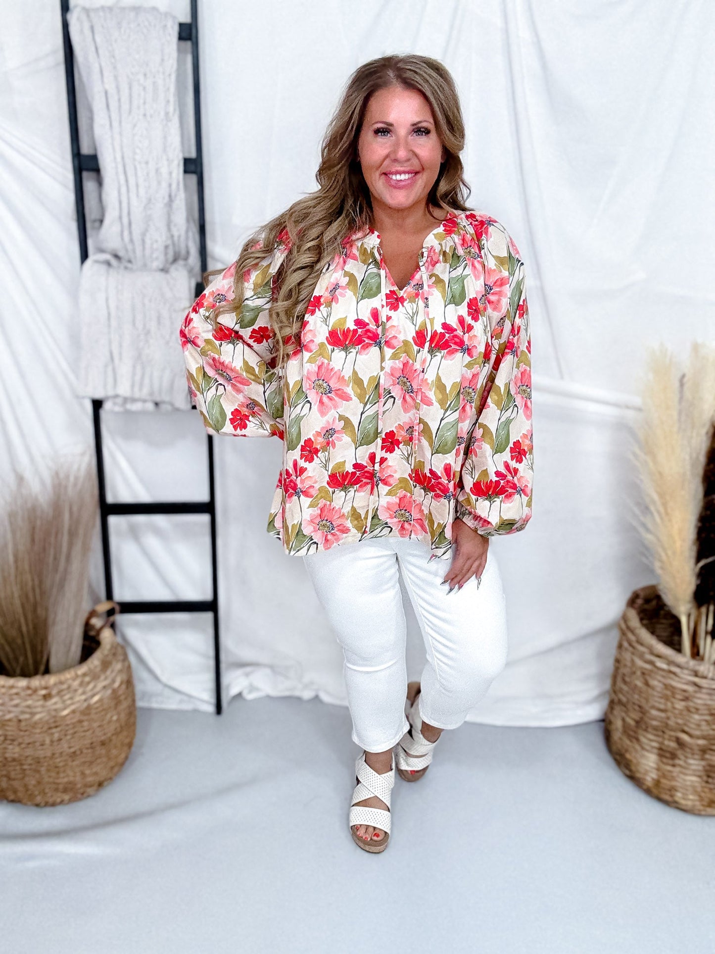Poppy Print Blouse With Balloon Sleeves - Whiskey Skies - BIBI