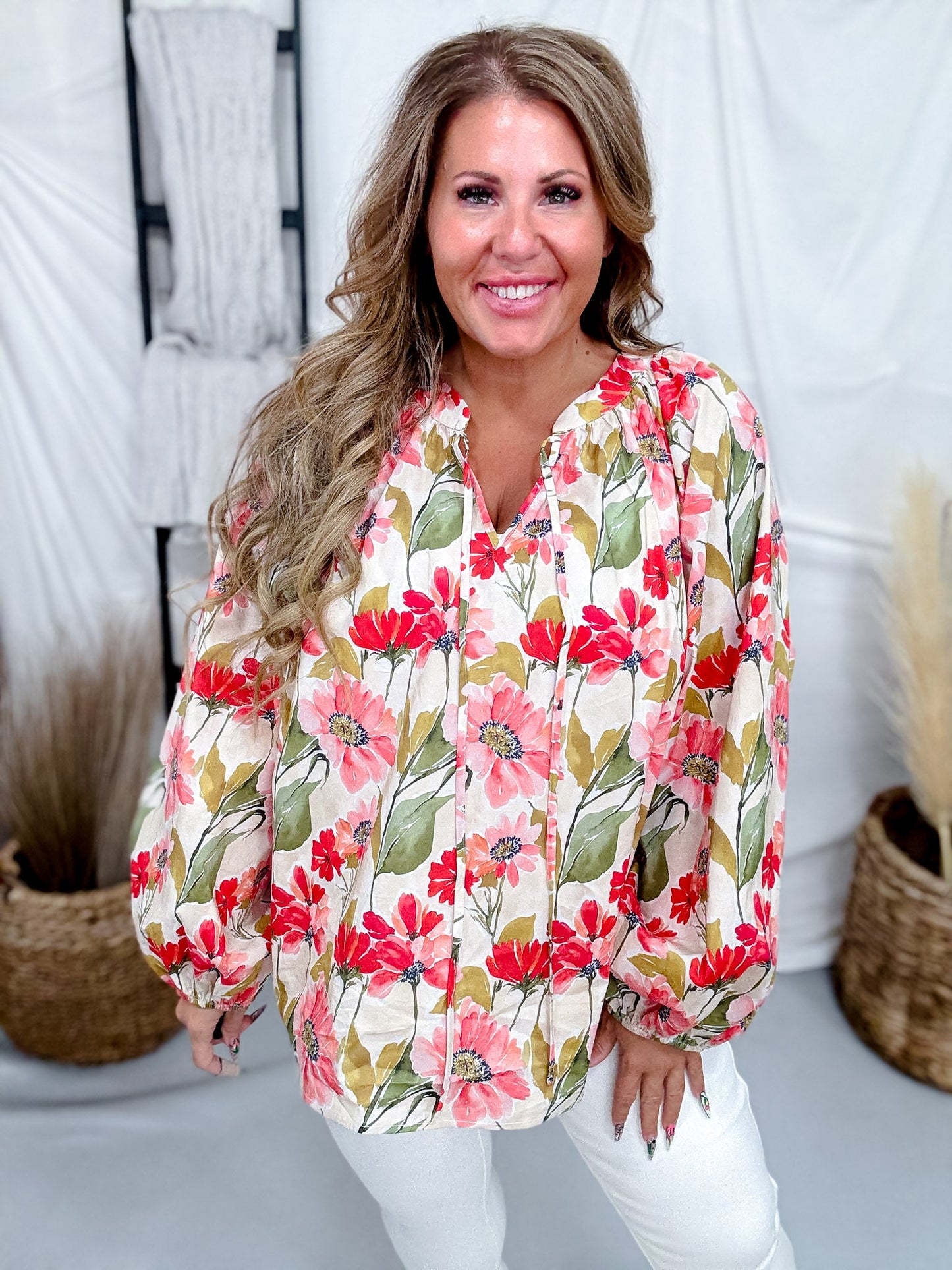 Poppy Print Blouse With Balloon Sleeves - Whiskey Skies - BIBI