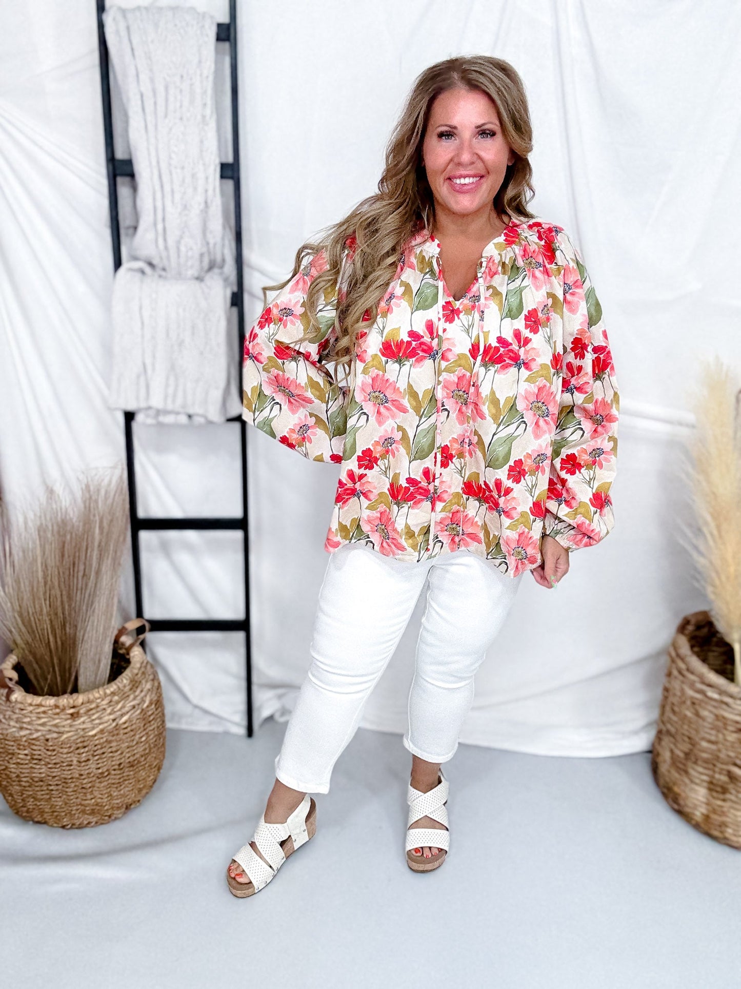 Poppy Print Blouse With Balloon Sleeves - Whiskey Skies - BIBI