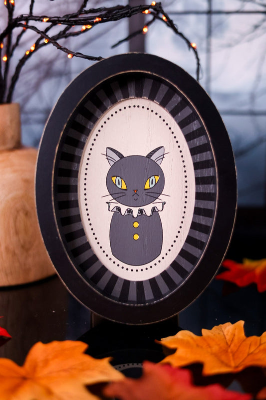 Portrait Style Black Cat In Wood Framed Sign - Whiskey Skies - ADAMS & CO
