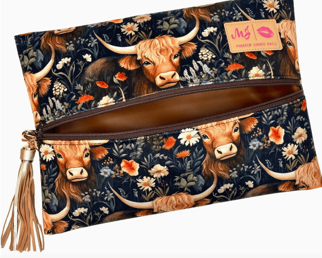 "Prairie" Highland Cow Print Makeup Bag - Whiskey Skies - MAKEUP JUNKIE BAGS