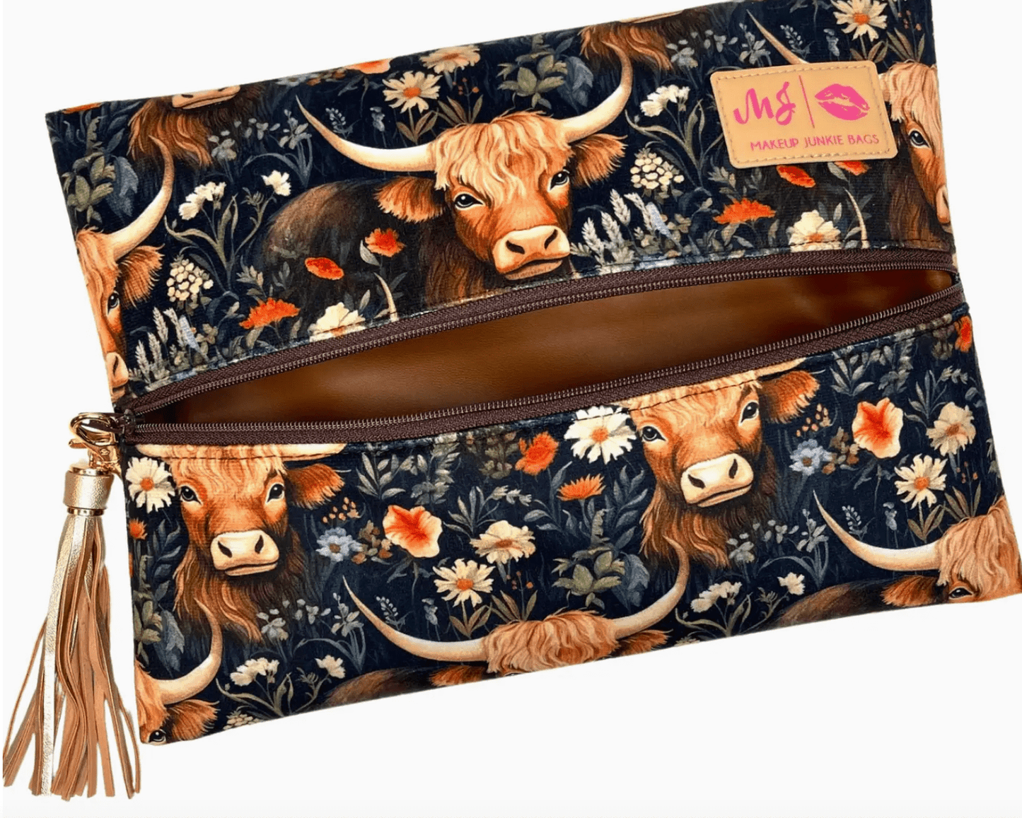 "Prairie" Highland Cow Print Makeup Bag - Whiskey Skies - MAKEUP JUNKIE BAGS