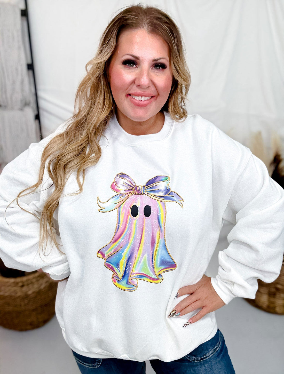 Pretty Girly Ghost White Crew Neck Sweatshirt - Whiskey Skies - JOCO INK GRAPHIC APPAREL
