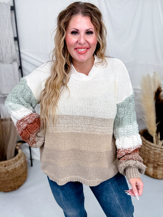 Puff Sleeve Cream Sweater With Rust & Sage Stripes - Whiskey Skies - ADORA