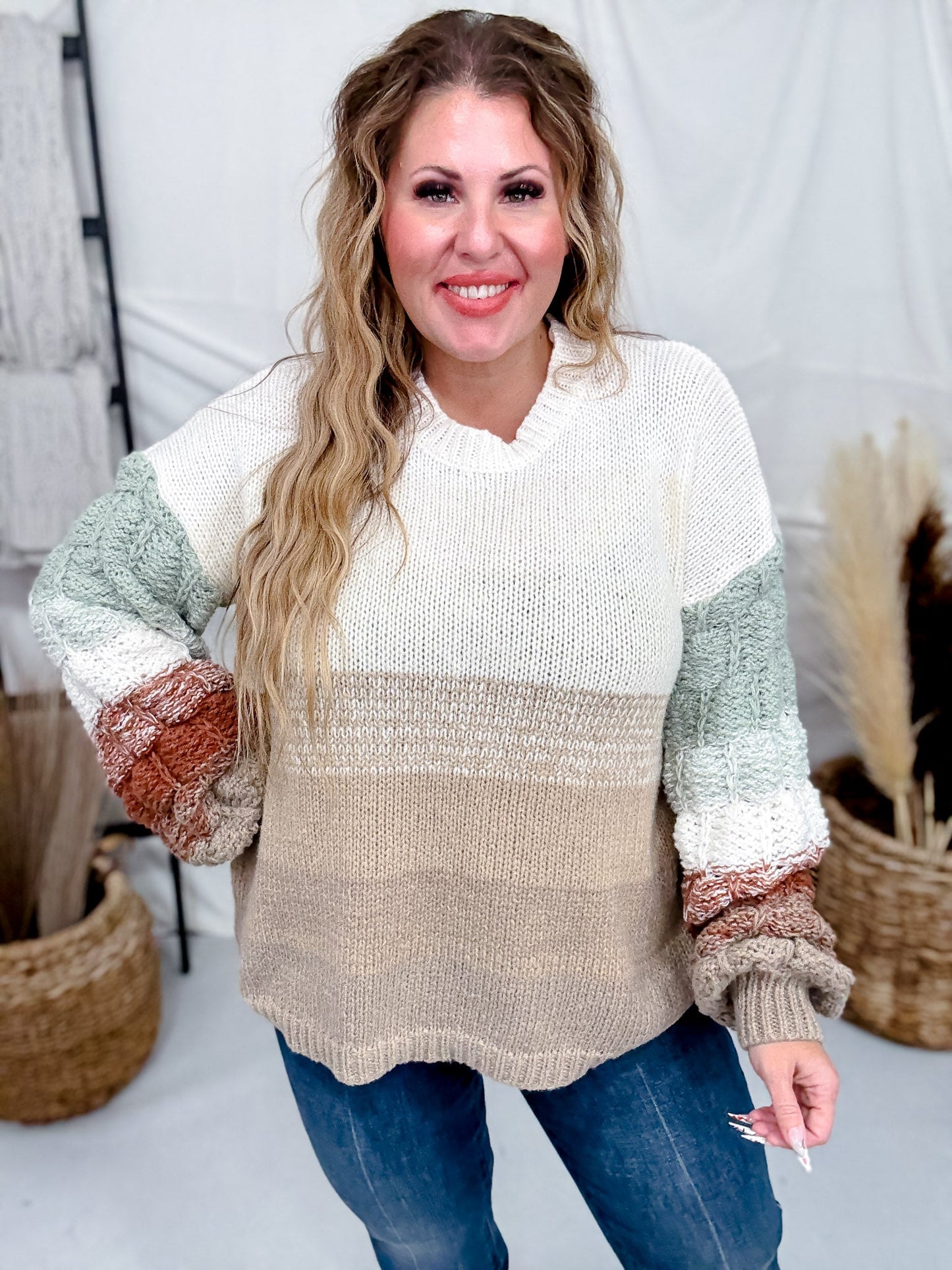 Puff Sleeve Cream Sweater With Rust & Sage Stripes - Whiskey Skies - ADORA