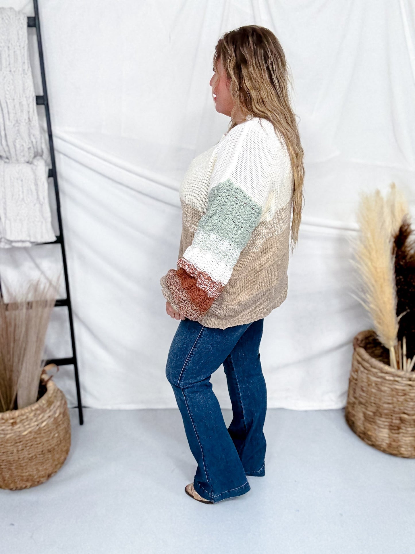 Puff Sleeve Cream Sweater With Rust & Sage Stripes - Whiskey Skies - ADORA