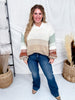 Puff Sleeve Cream Sweater With Rust & Sage Stripes - Whiskey Skies - ADORA