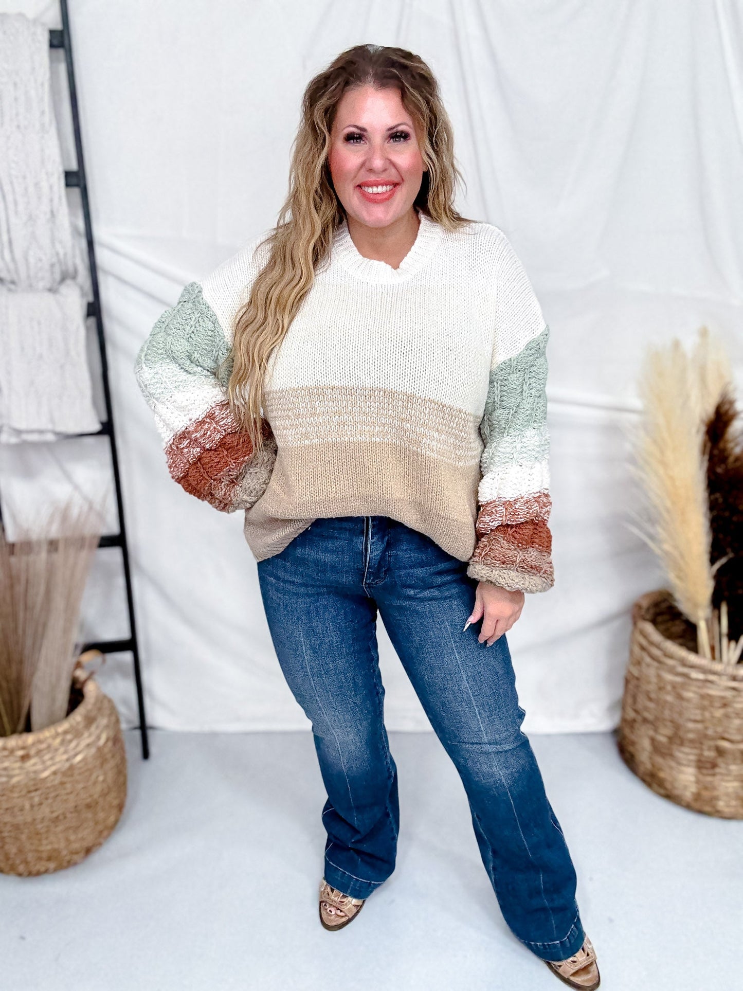 Puff Sleeve Cream Sweater With Rust & Sage Stripes - Whiskey Skies - ADORA
