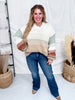 Puff Sleeve Cream Sweater With Rust & Sage Stripes - Whiskey Skies - ADORA