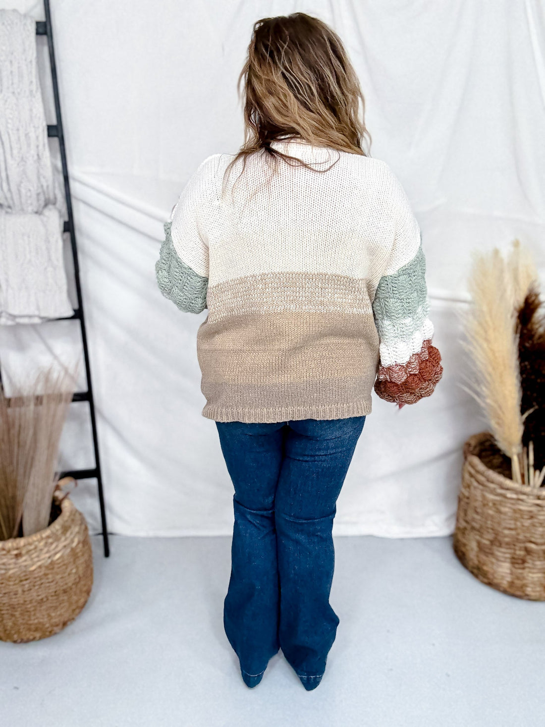 Puff Sleeve Cream Sweater With Rust & Sage Stripes - Whiskey Skies - ADORA