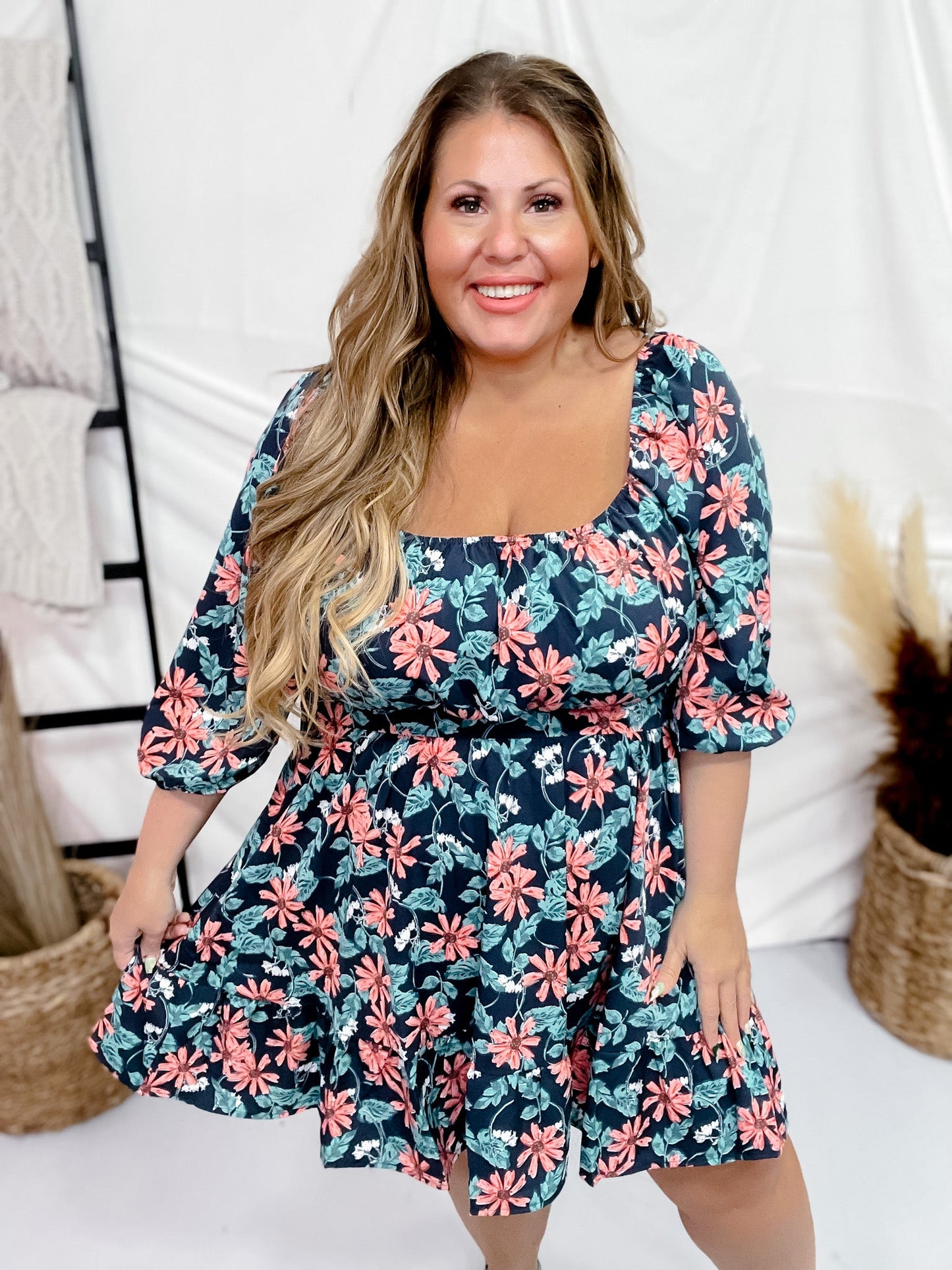 Puff Sleeve Floral Dress - Whiskey Skies - UMGEE