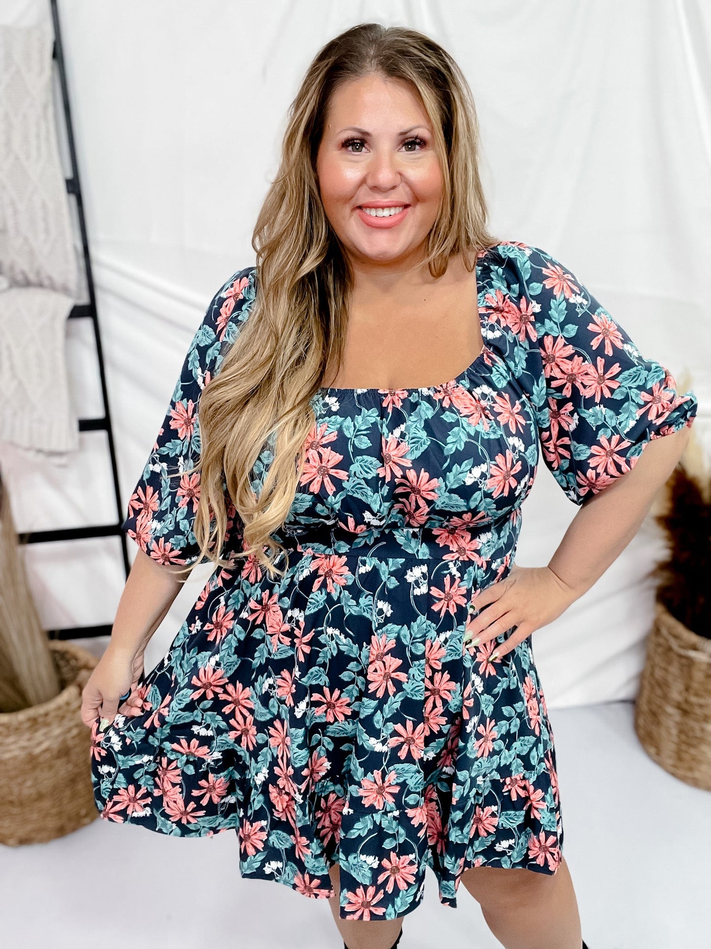 Puff Sleeve Floral Dress - Whiskey Skies - UMGEE