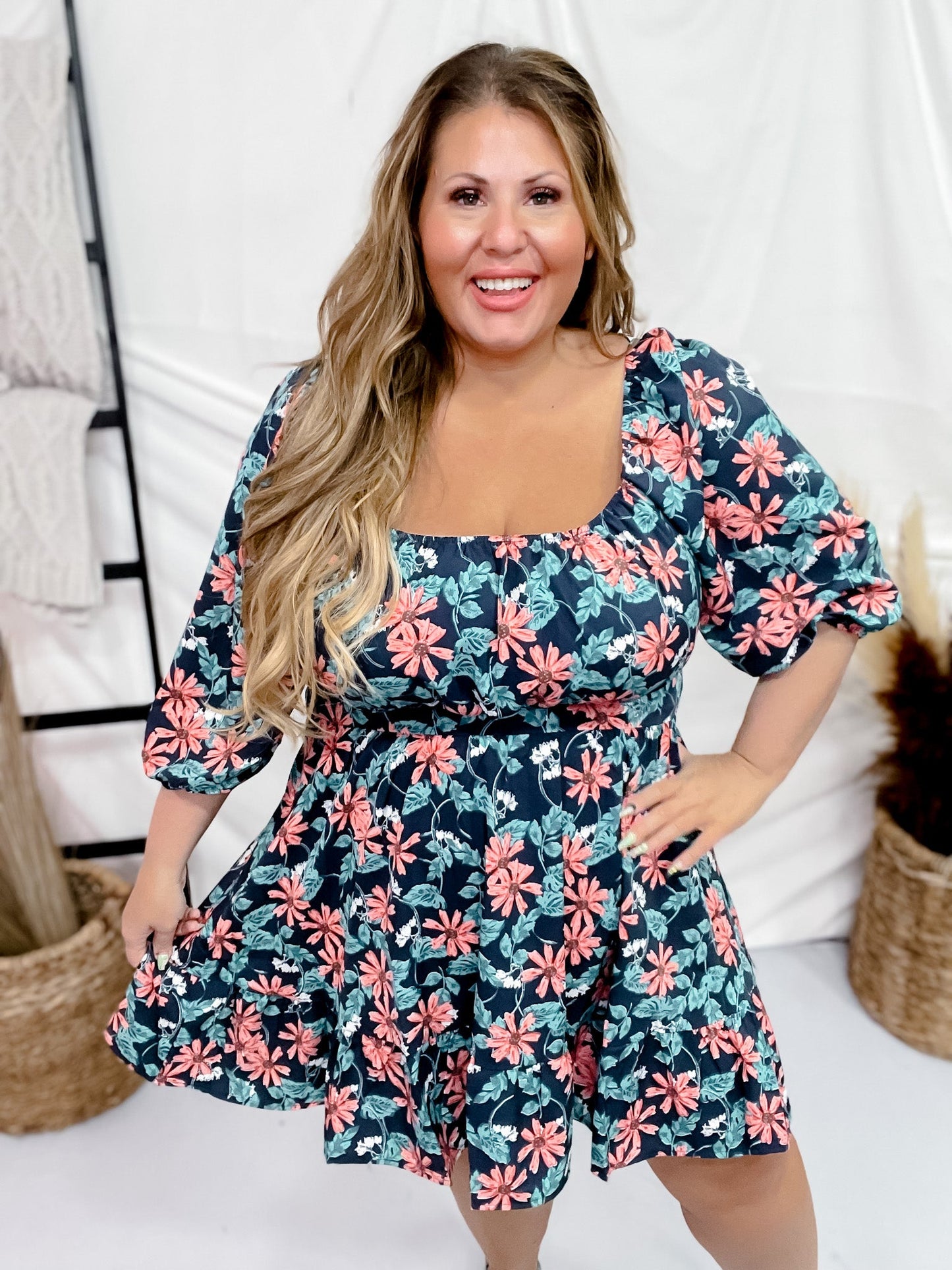 Puff Sleeve Floral Dress - Whiskey Skies - UMGEE