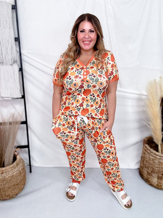 Pumpkin & Mushroom Print Short Sleeve Top & Joggers Loungewear Set - Whiskey Skies - SHIRLEY & STONE