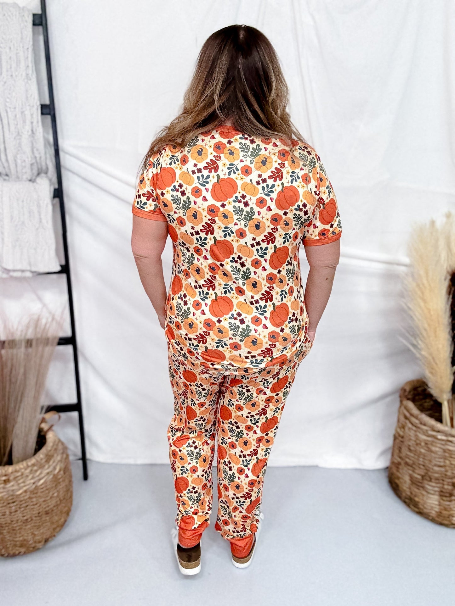 Pumpkin & Mushroom Print Short Sleeve Top & Joggers Loungewear Set - Whiskey Skies - SHIRLEY & STONE
