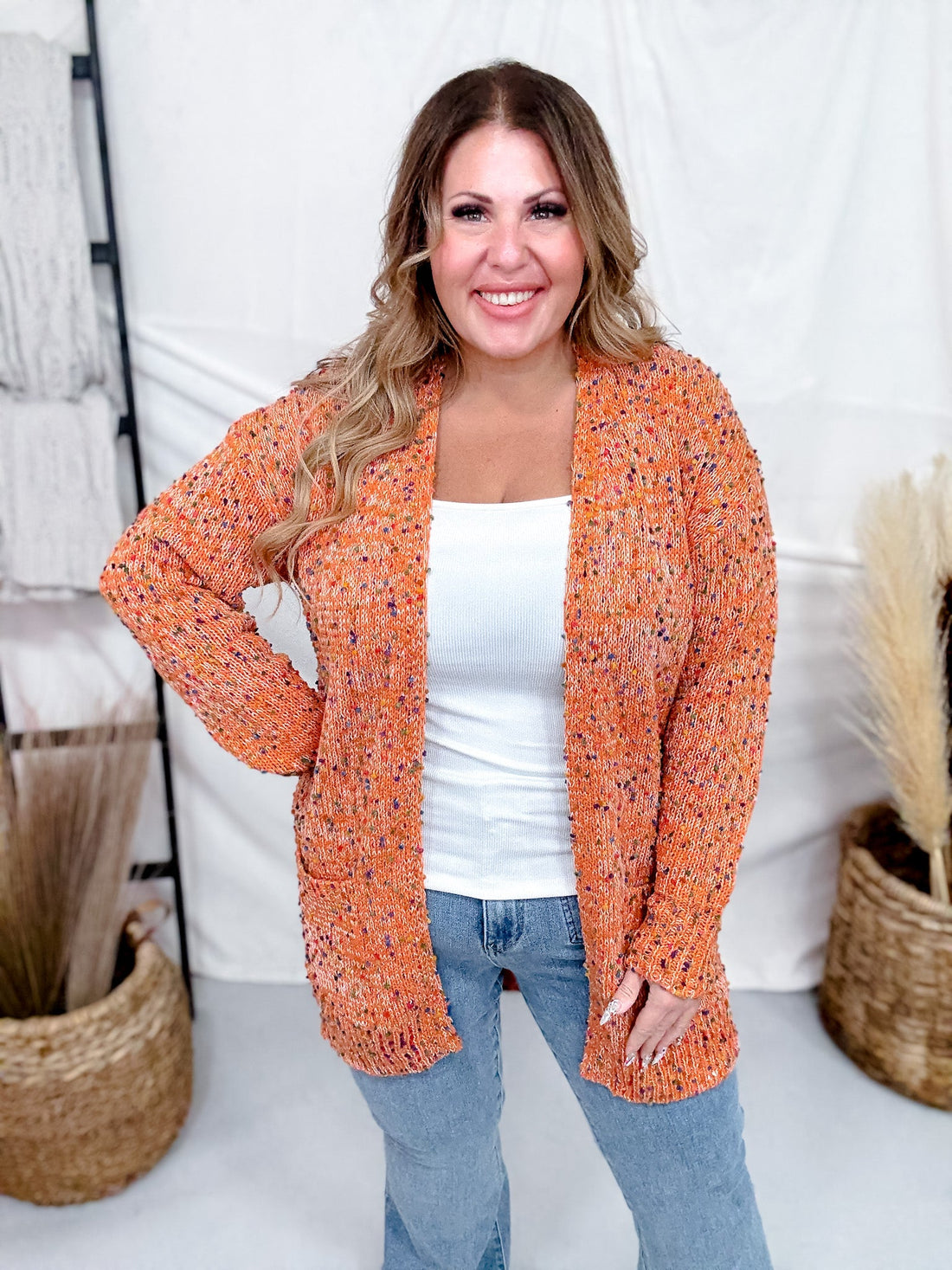 Pumpkin Orange Cardigan With Rainbow Confetti Dots - Whiskey Skies - MICHELLE MAE