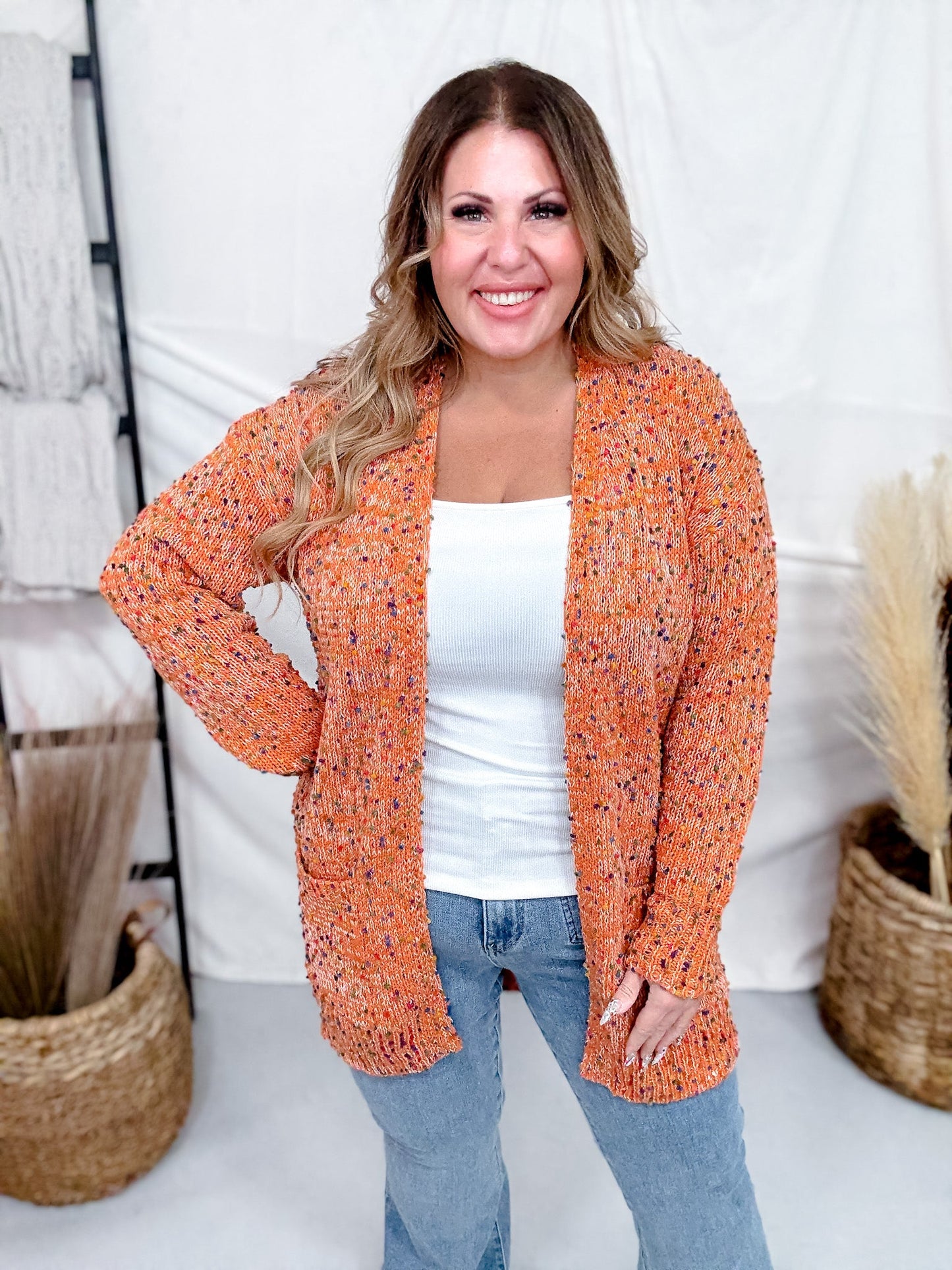 Pumpkin Orange Cardigan With Rainbow Confetti Dots - Whiskey Skies - MICHELLE MAE