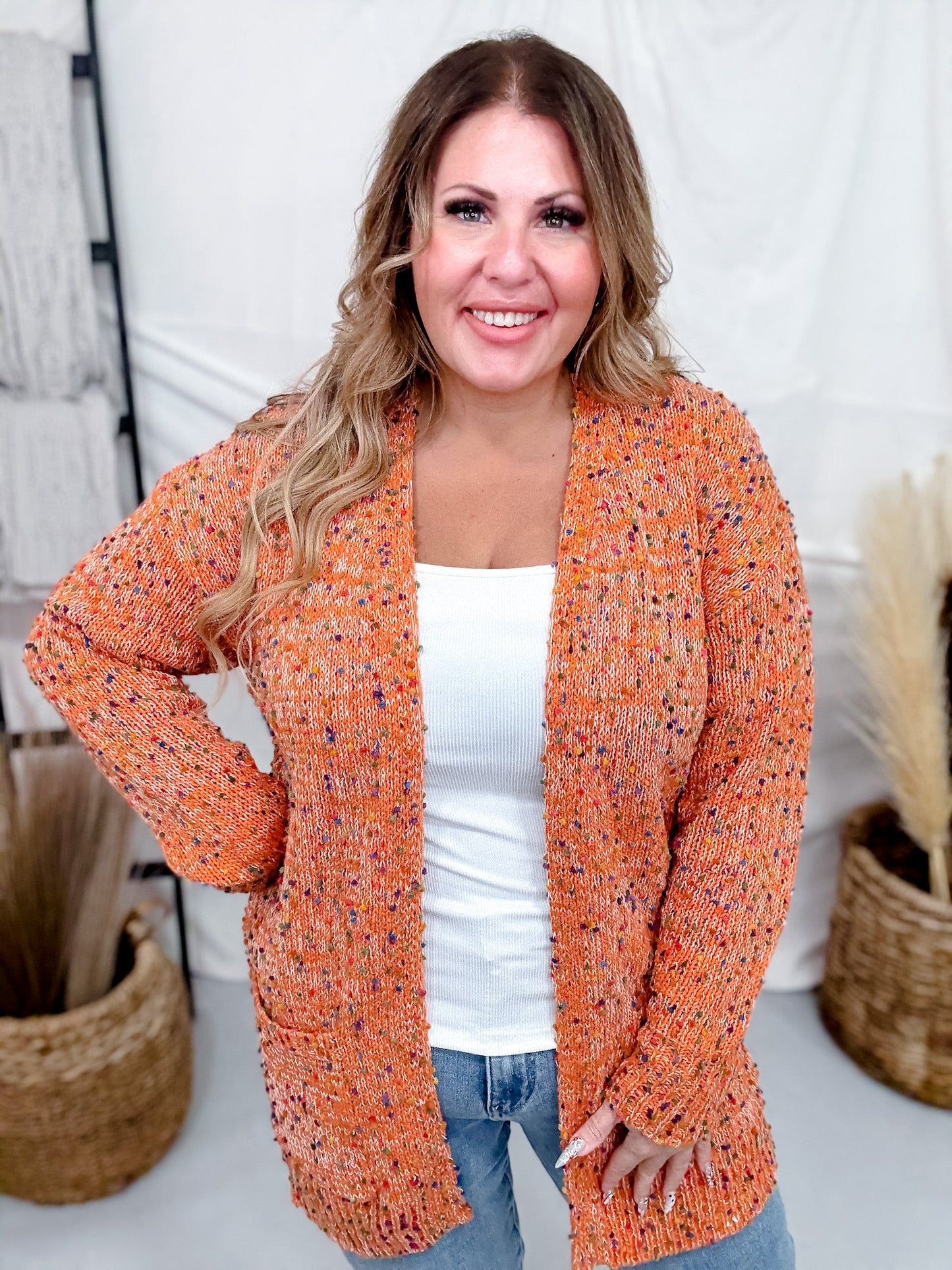 Pumpkin Orange Cardigan With Rainbow Confetti Dots - Whiskey Skies - MICHELLE MAE