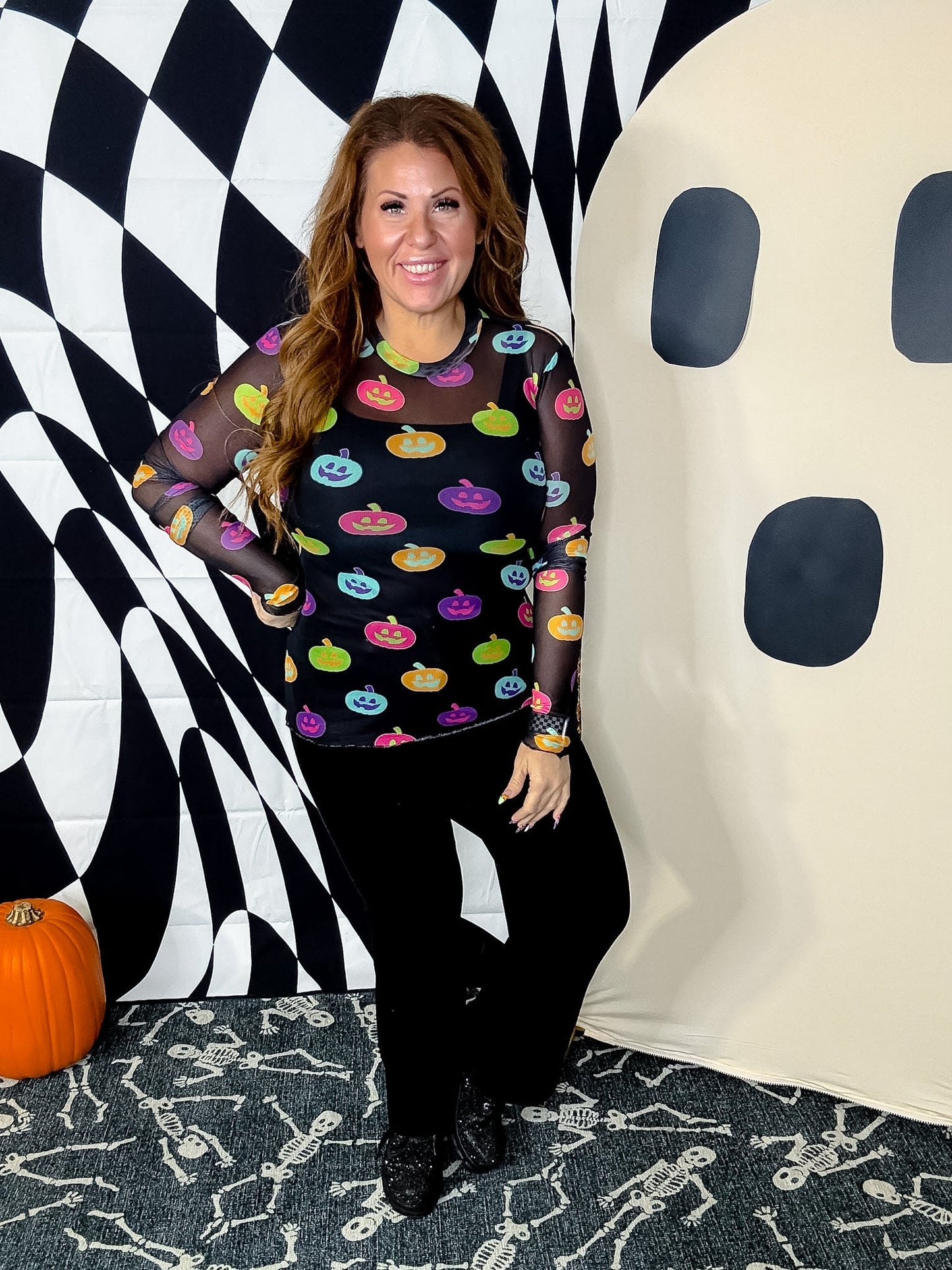Pumpkin Pop Long Sleeve Mesh Top - Whiskey Skies - JESS LEA