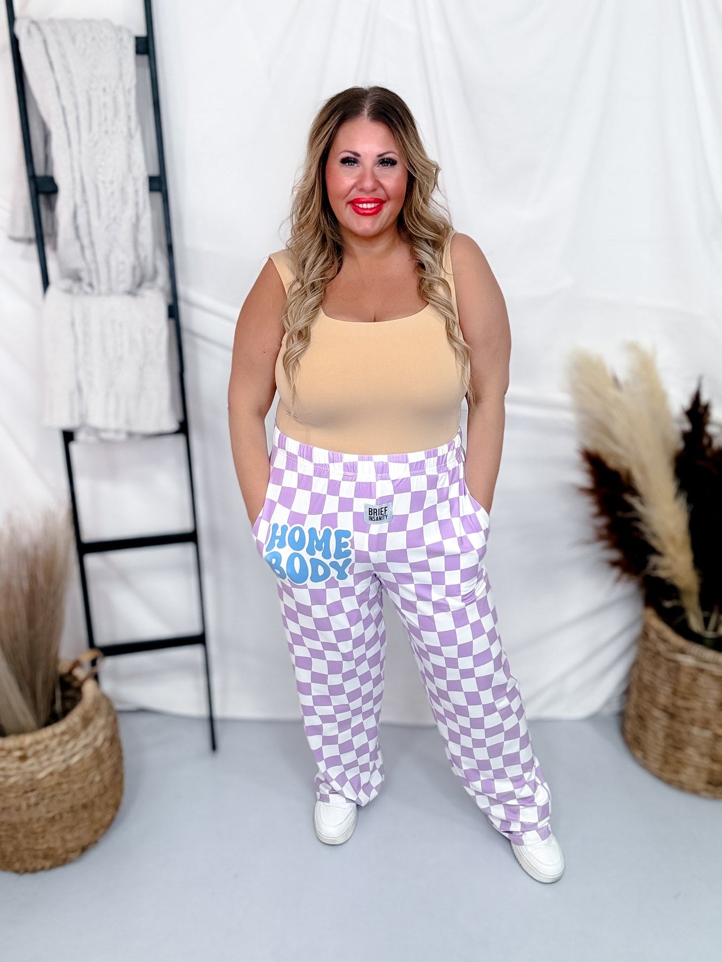 Purple and White Checkered "Home Body" Lounge Pants - Whiskey Skies - BRIEF INSANITY