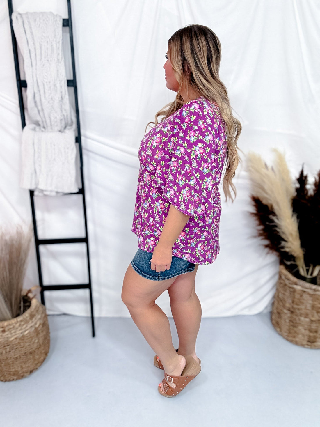 Purple Floral Print Top with Half Bell Sleeves - Whiskey Skies - DEAR SCARLETT