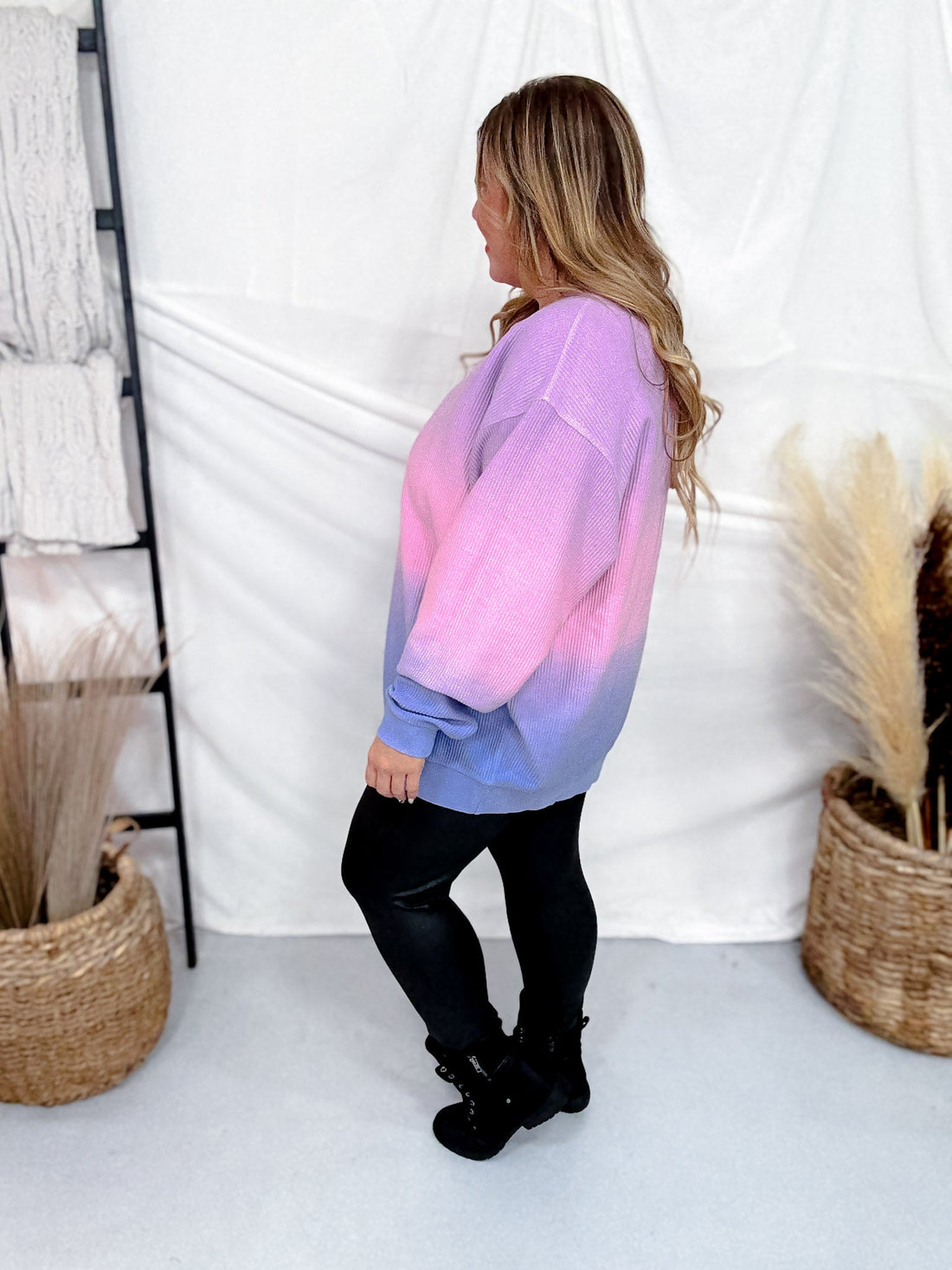 Purple, Pink, & Blue Cotton Candy Dip Dyed Corded Crew Sweatshirt - Whiskey Skies - MOON RYDER
