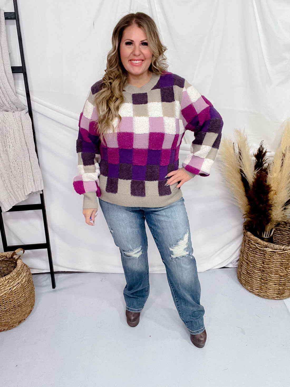 Purple Plaid Checker Sweater - Whiskey Skies - DAVI & DANI