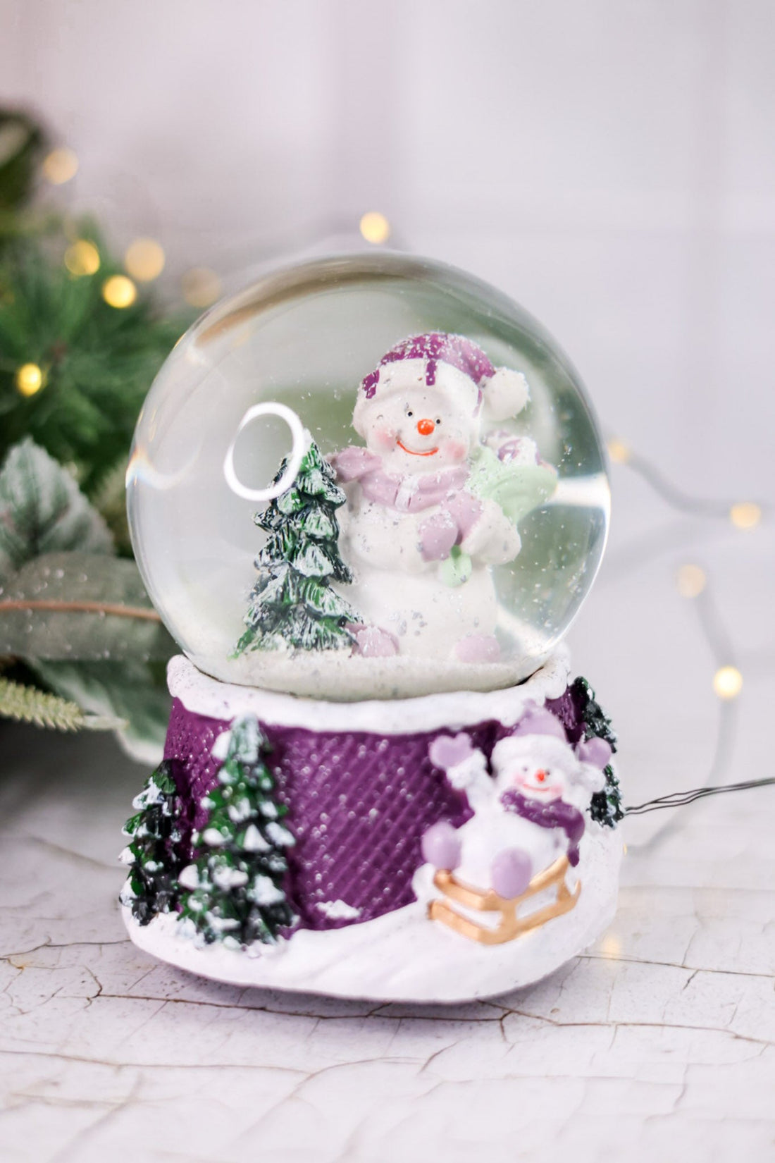 Purple Snowglobe With Snowman & Christmas Tree - Whiskey Skies - YOUNG'S INC