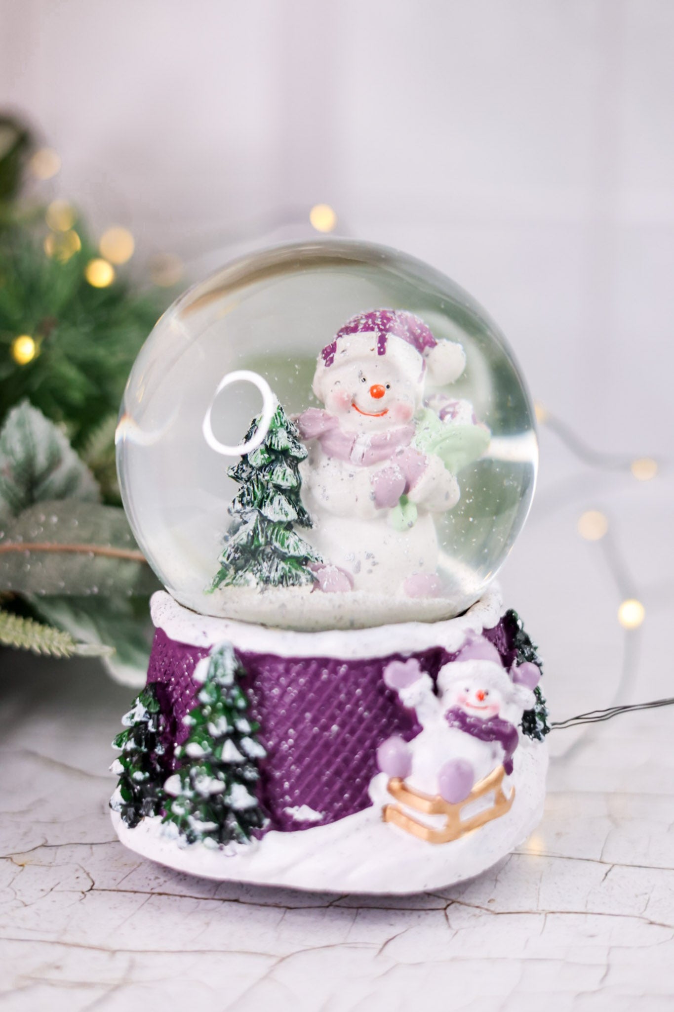 Purple Snowglobe With Snowman & Christmas Tree - Whiskey Skies - YOUNG'S INC
