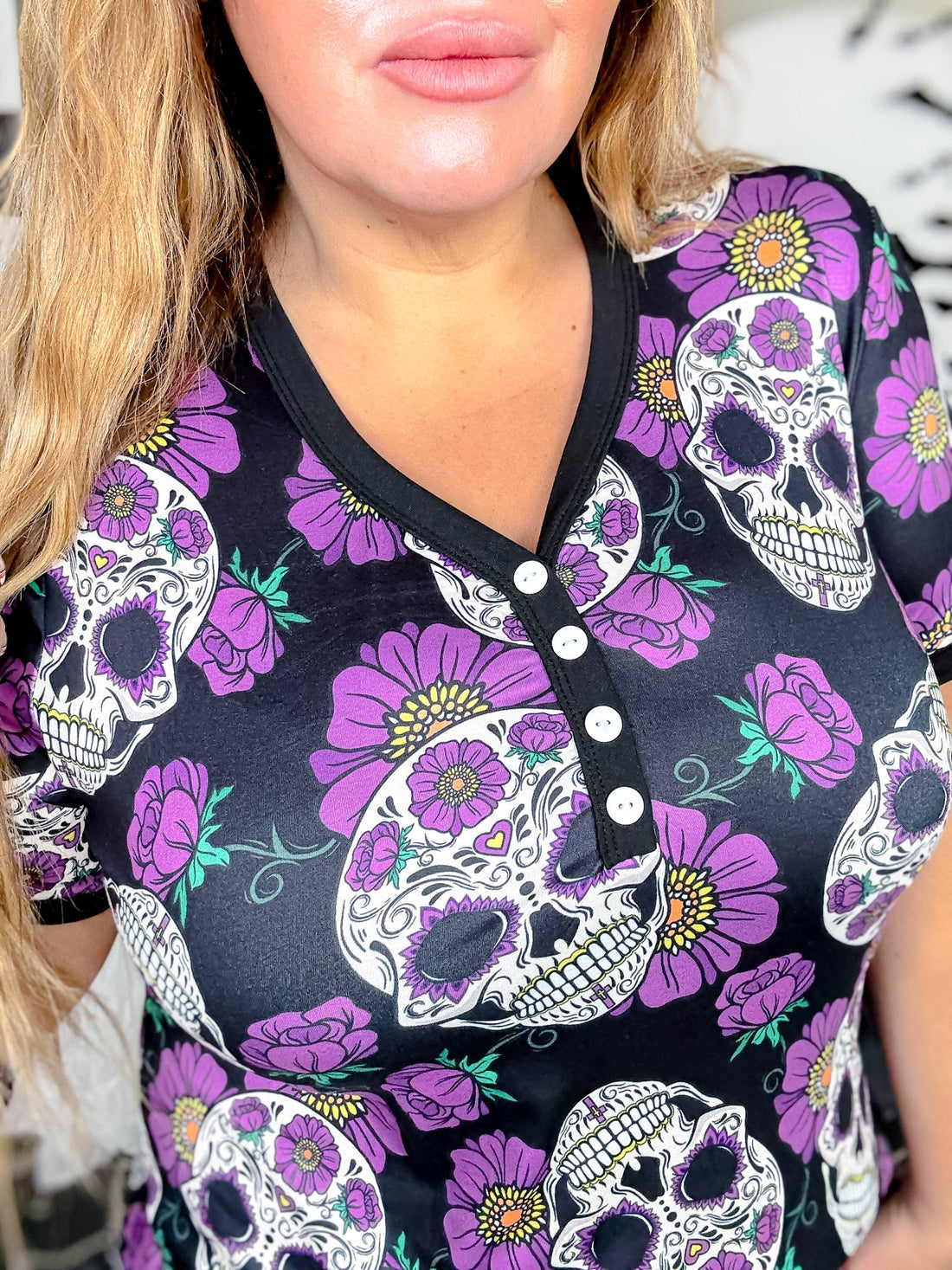 Purple Sugar Skull Short Sleeve Top & Jogger Bottoms PJ Set - Whiskey Skies - SHIRLEY & STONE