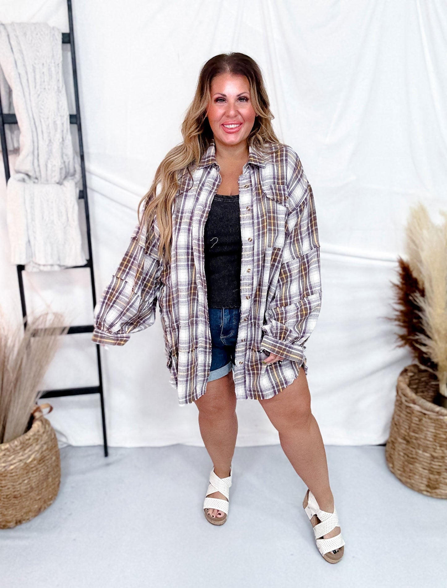 Purple Taupe Plaid Mineral Washed Button Down Shirt - Whiskey Skies - EASEL