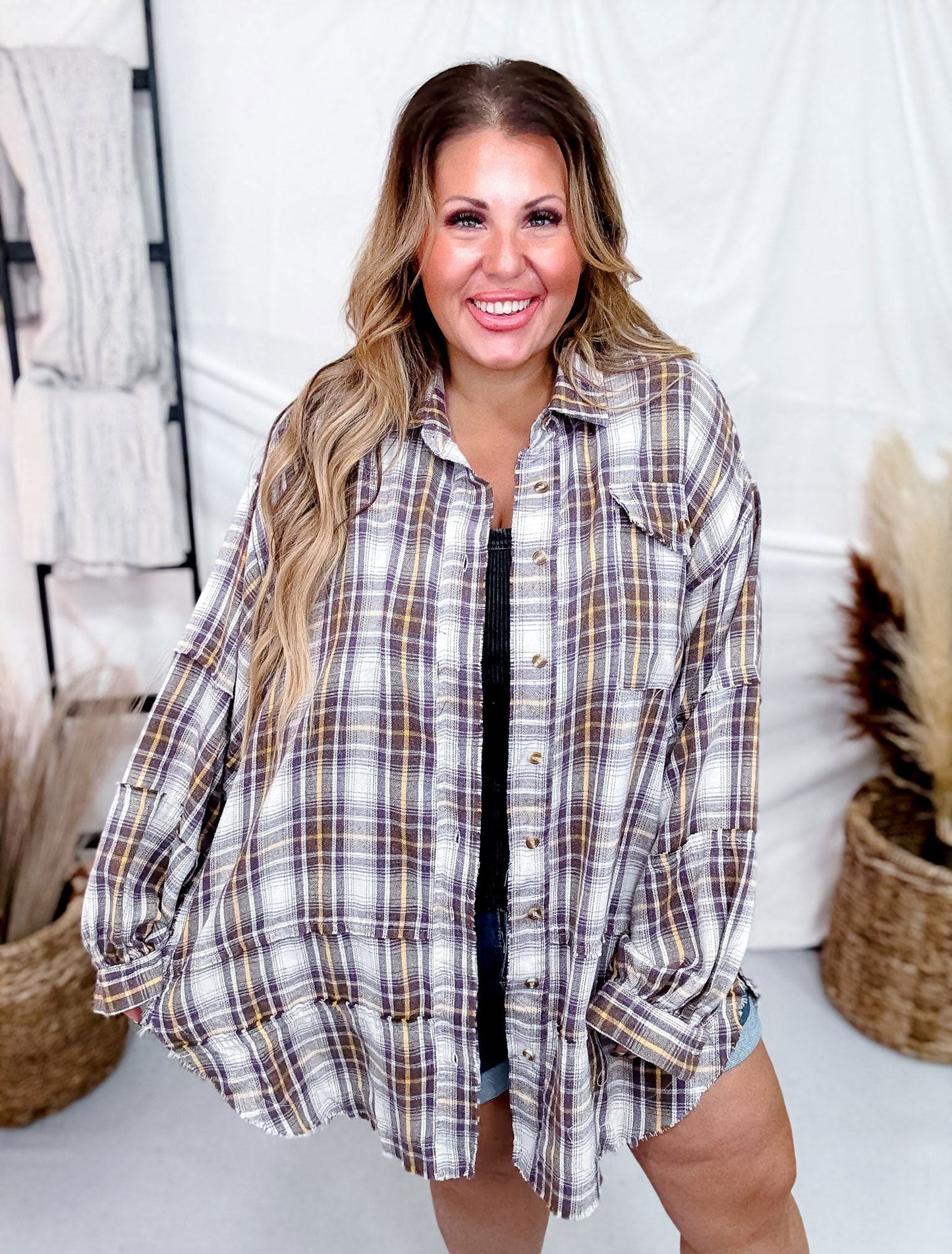Purple Taupe Plaid Mineral Washed Button Down Shirt - Whiskey Skies - EASEL