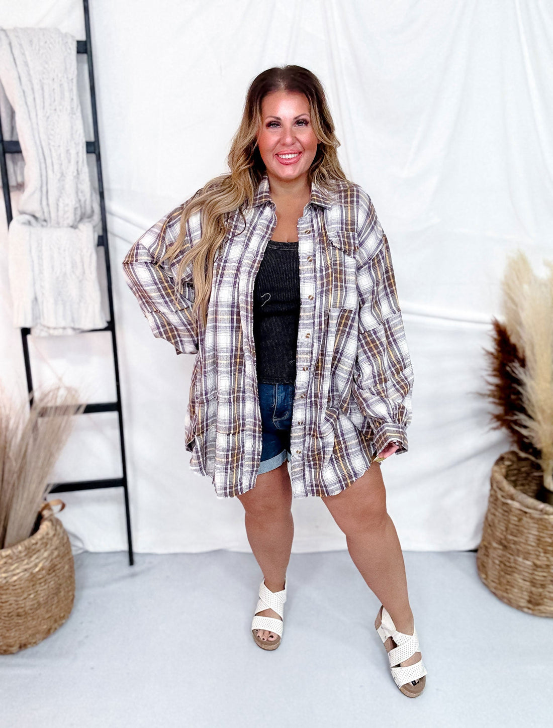 Purple Taupe Plaid Mineral Washed Button Down Shirt - Whiskey Skies - EASEL