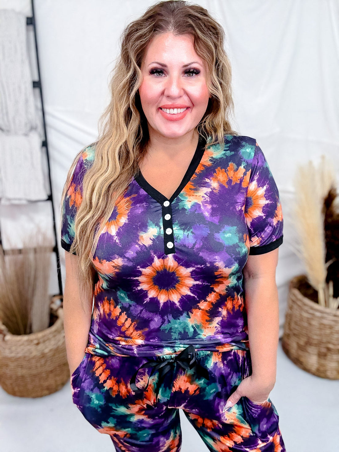 Purple Tie Dye Short Sleeve Shirt & Jogger Set - Whiskey Skies - SHIRLEY & STONE
