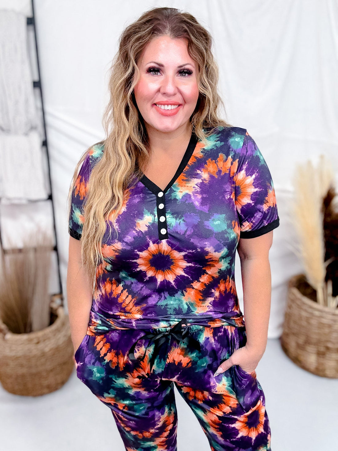 Purple Tie Dye Short Sleeve Shirt & Jogger Set - Whiskey Skies - SHIRLEY & STONE
