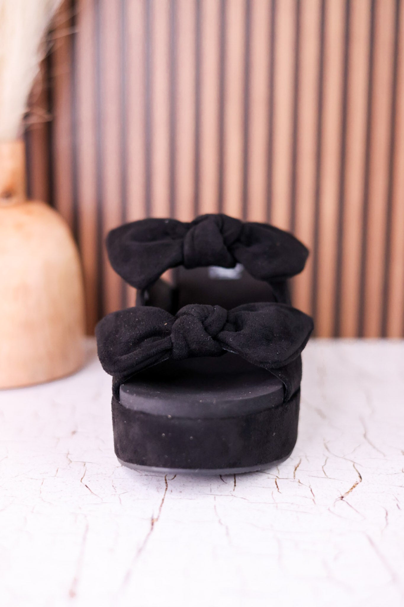 Put A Bow On It Black Faux Suede Platform Heels - Whiskey Skies - CORKYS FOOTWEAR