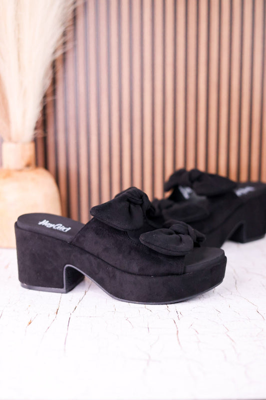 Put A Bow On It Black Faux Suede Platform Heels - Whiskey Skies - CORKYS FOOTWEAR