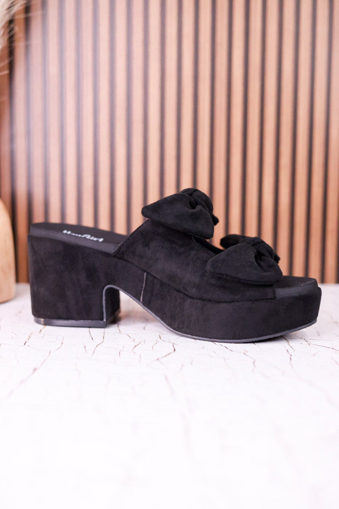 Put A Bow On It Black Faux Suede Platform Heels - Whiskey Skies - CORKYS FOOTWEAR
