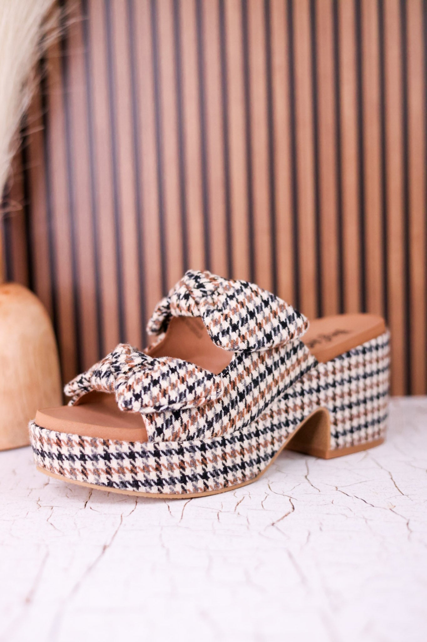 Put A Bow On It Black & Tan Houndstooth Platform Heels - Whiskey Skies - CORKYS FOOTWEAR