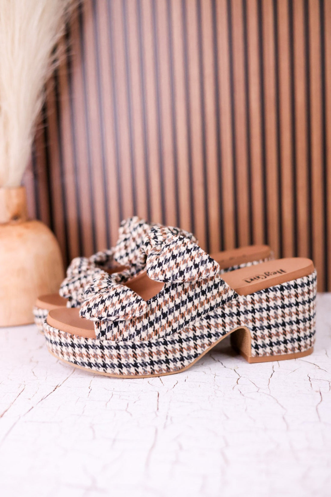 Put A Bow On It Black & Tan Houndstooth Platform Heels - Whiskey Skies - CORKYS FOOTWEAR