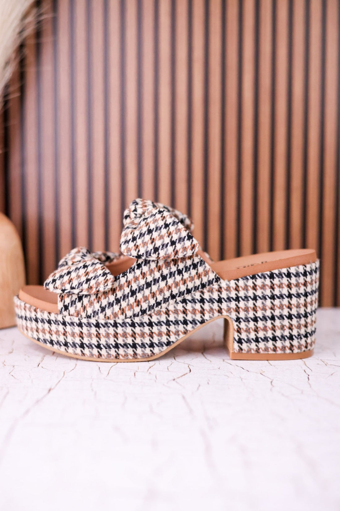 Put A Bow On It Black & Tan Houndstooth Platform Heels - Whiskey Skies - CORKYS FOOTWEAR